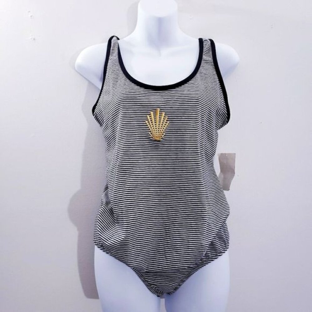 My‎ Choice Black and White Stripe Seashell Maternity Swim Suit Size Small